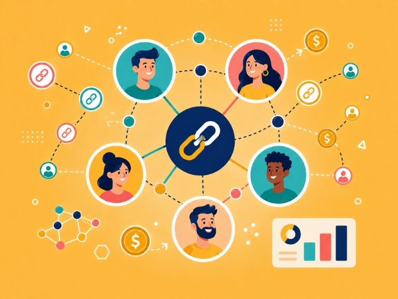 Illustration of an affiliate network with diverse people connected by dashed lines, a chain link icon at the center, and dollar and analytics symbols on a yellow background.