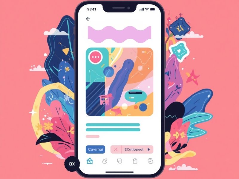 Smartphone mockup displaying a colorful mobile design app UI, surrounded by illustrated tropical leaves and abstract shapes.