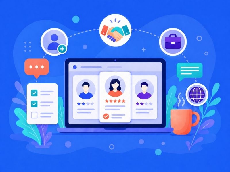 Online recruitment platform with candidate profiles on laptop